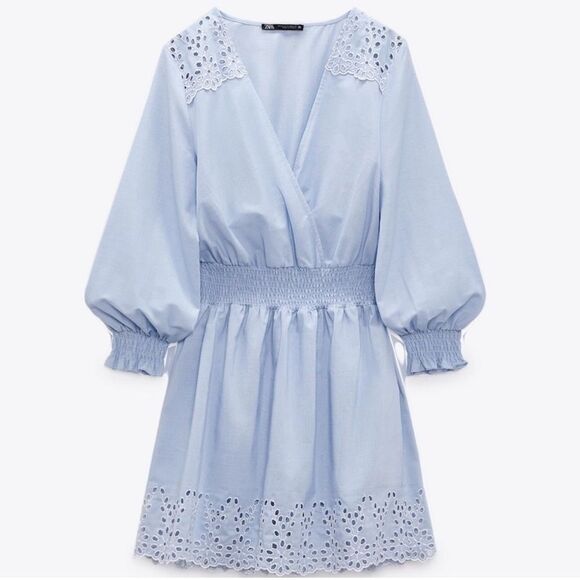 Zara Blue Embroidered Summer Long Sleeve Mini Dress - Picture 1 of 7